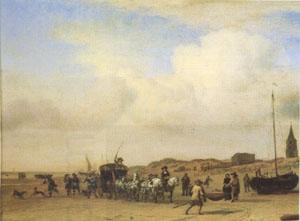 VELDE, Adriaen van de A Noble Coach Making Its Way Along the Beach at Scheveningen (mk05) oil painting picture